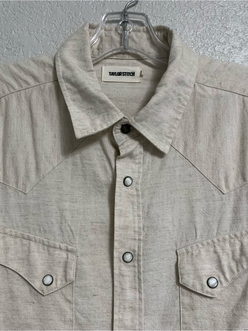 Taylor Stitch Shirt Mens 40/M Western Short Sleeve Pearl Snap Cotton Linen Beige - Picture 3 of 12
